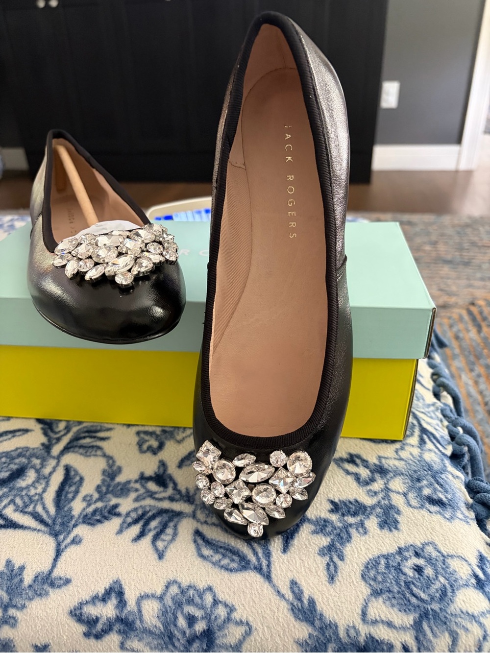 Jack Rogers Black Leather Crystal-Toe Ballet Flats